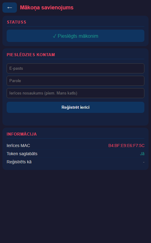 ESP32 mākoņa savienojuma lapa ar statusu Pieslēgts mākonim