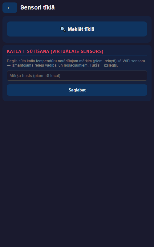 ESP32 tīkla sensoru meklēšanas un virtuālā sensora lapa