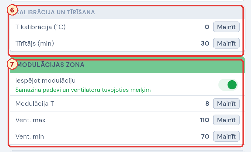 Kalibrācija, tīrīšana un modulācija ar marķieriem 6 un 7
