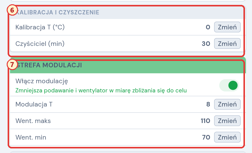 Kalibracja, czyszczenie i modulacja za pomocą znaczników 6 i 7