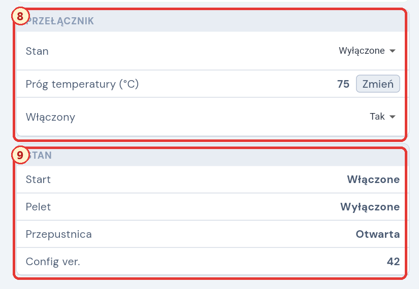 Przełącznik T i stan za pomocą znaczników 8 i 9